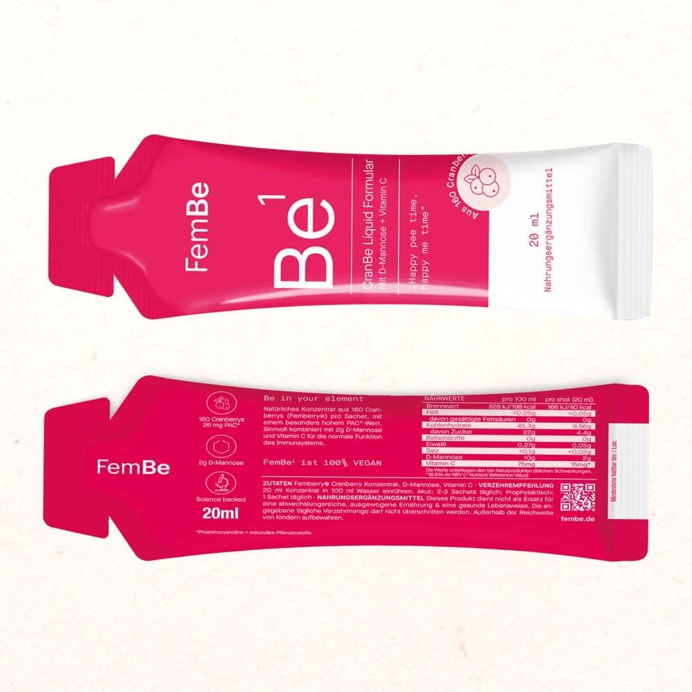 Sachet de CranBe Liquid Formular. Rose et blanc. Texte : CranBe Liquid Formular, D-Mannose + Vitamine C. Dos avec ingrédients.