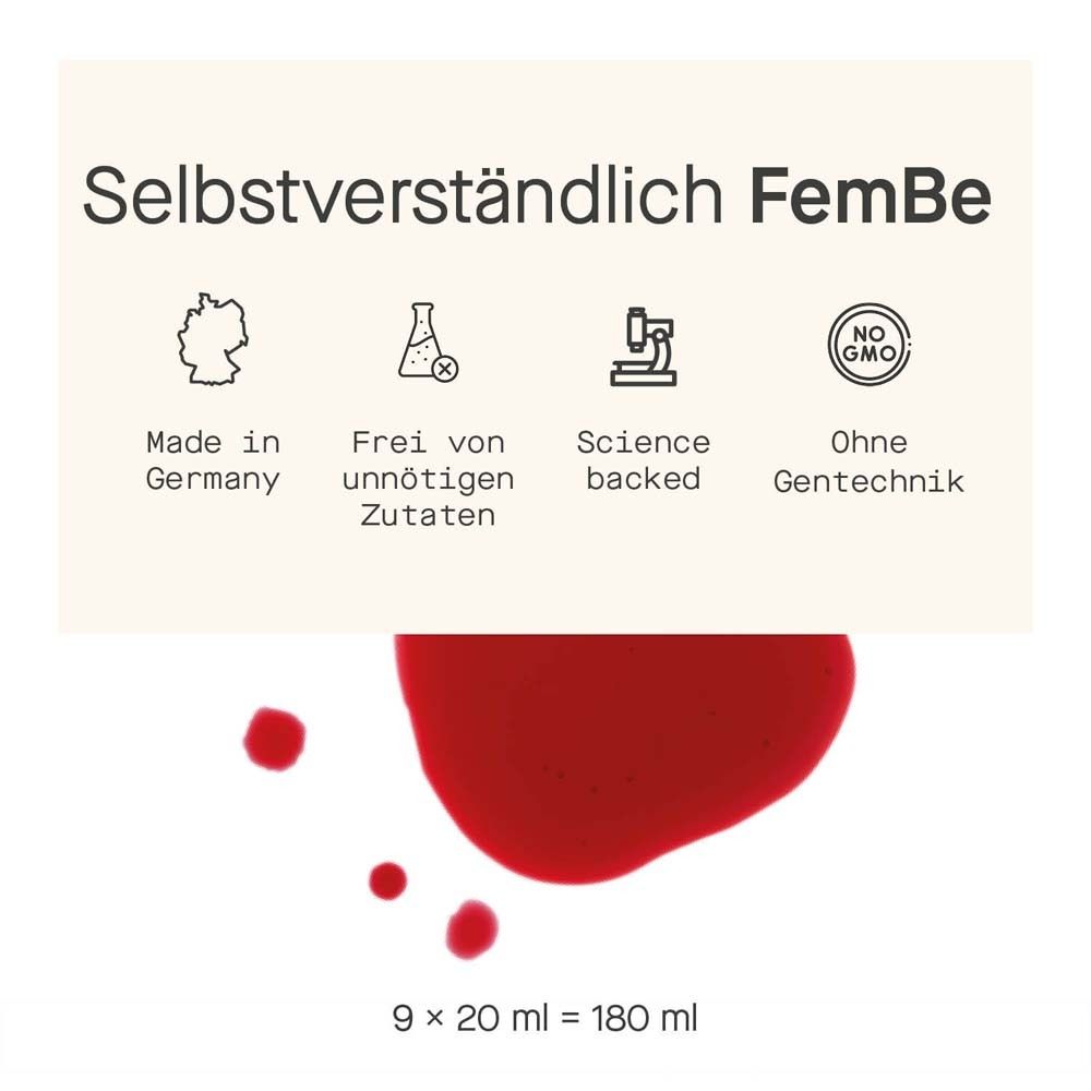 Texte : Bien sûr FemBe. Logos : Fabriqué en Allemagne, sans ingrédients inutiles, Science backed, sans OGM. Liquide rouge.