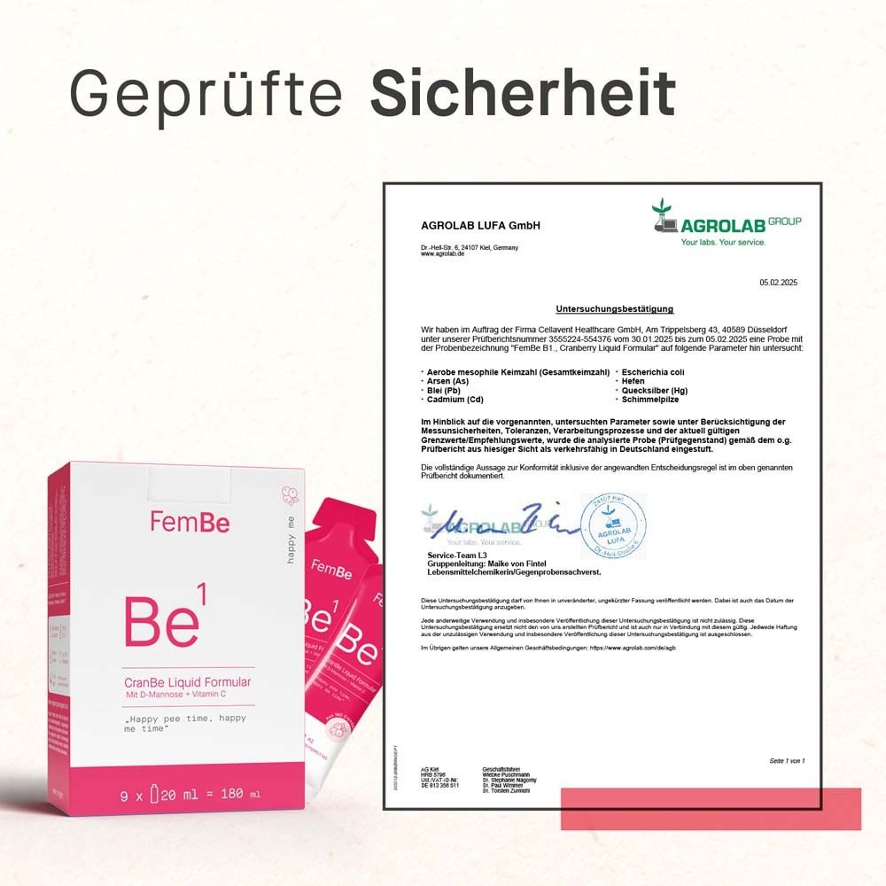 Emballage et sachet de FemBe Be¹ CranBe Liquid Formular. Texte : Sécurité contrôlée. Certificat d'Agrolab.