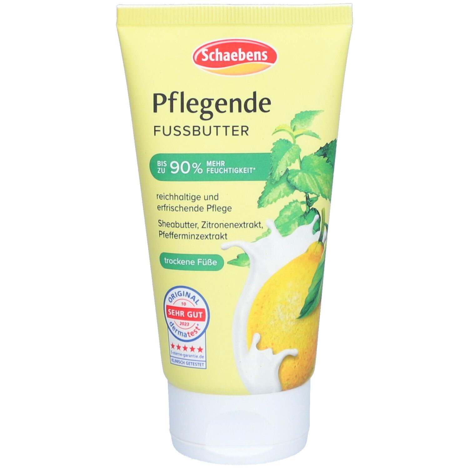 Tube jaune Schaebens Pflegende FUSSBUTTER avec impression. Illustration de citron et menthe. Sceau "SEHR GUT".