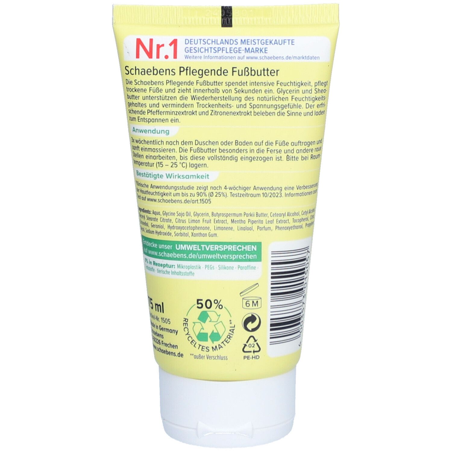 Dos du tube jaune Schaebens Pflegende FUSSBUTTER. Texte, symbole de recyclage, 50% de matière recyclée.