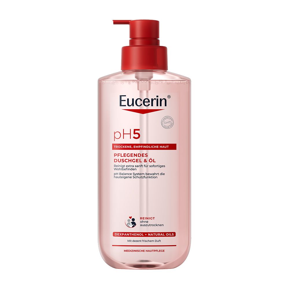 Eucerin pH5 Gel douche & huile soin dans une bouteille transparente avec distributeur pompe rouge.