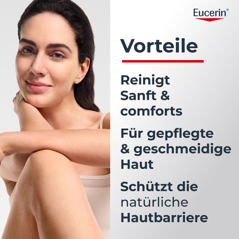 Femme à la peau soignée, Eucerin nettoie en douceur, protège la barrière cutanée.