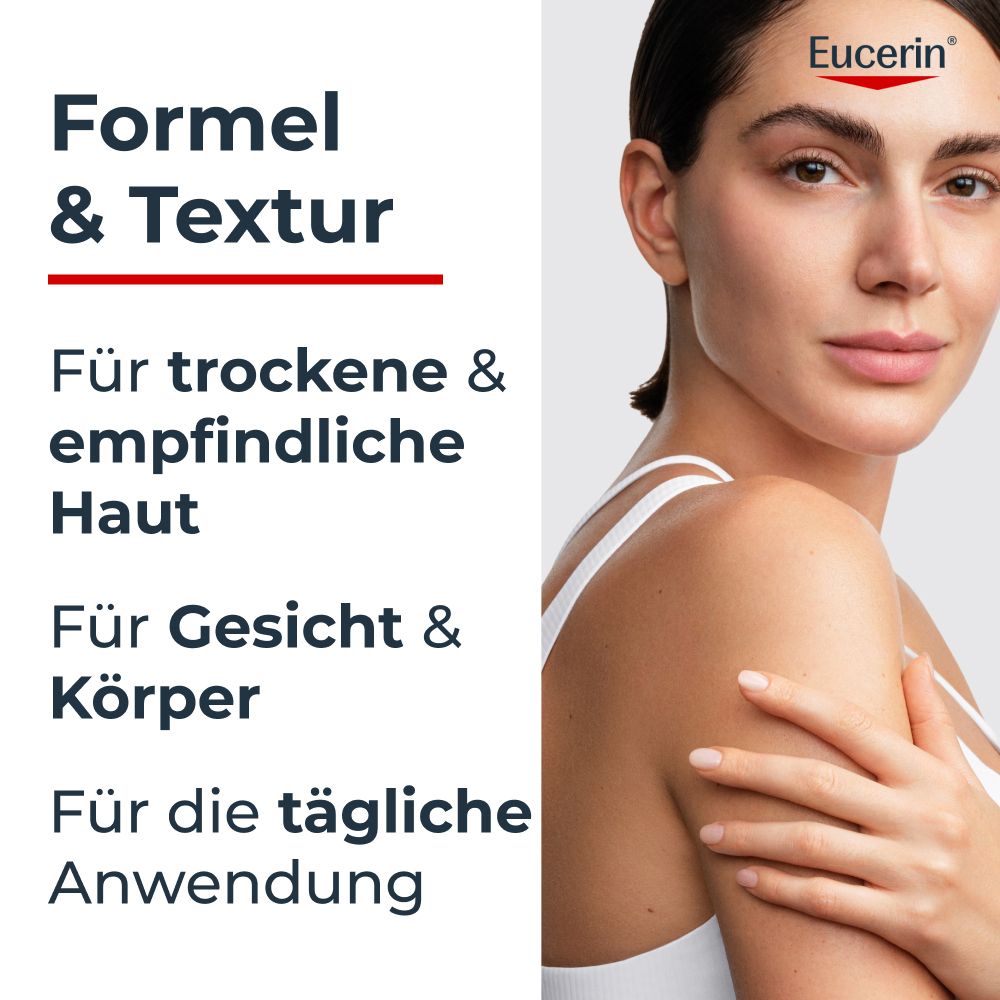 Eucerin Formule & Texture pour peaux sèches et sensibles, visage et corps, quotidien.