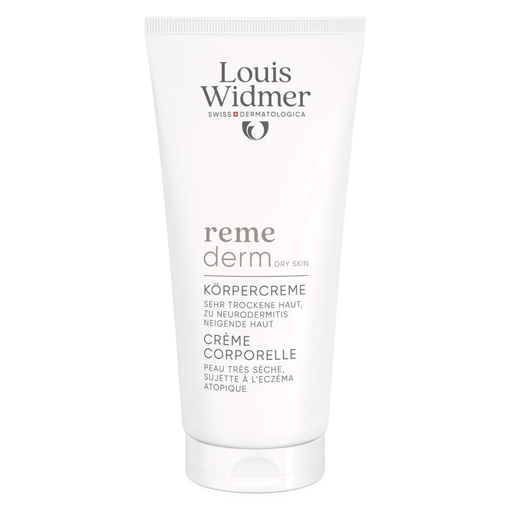Tube blanche Louis Widmer, crème corporelle remederm. Pour peaux sèches.