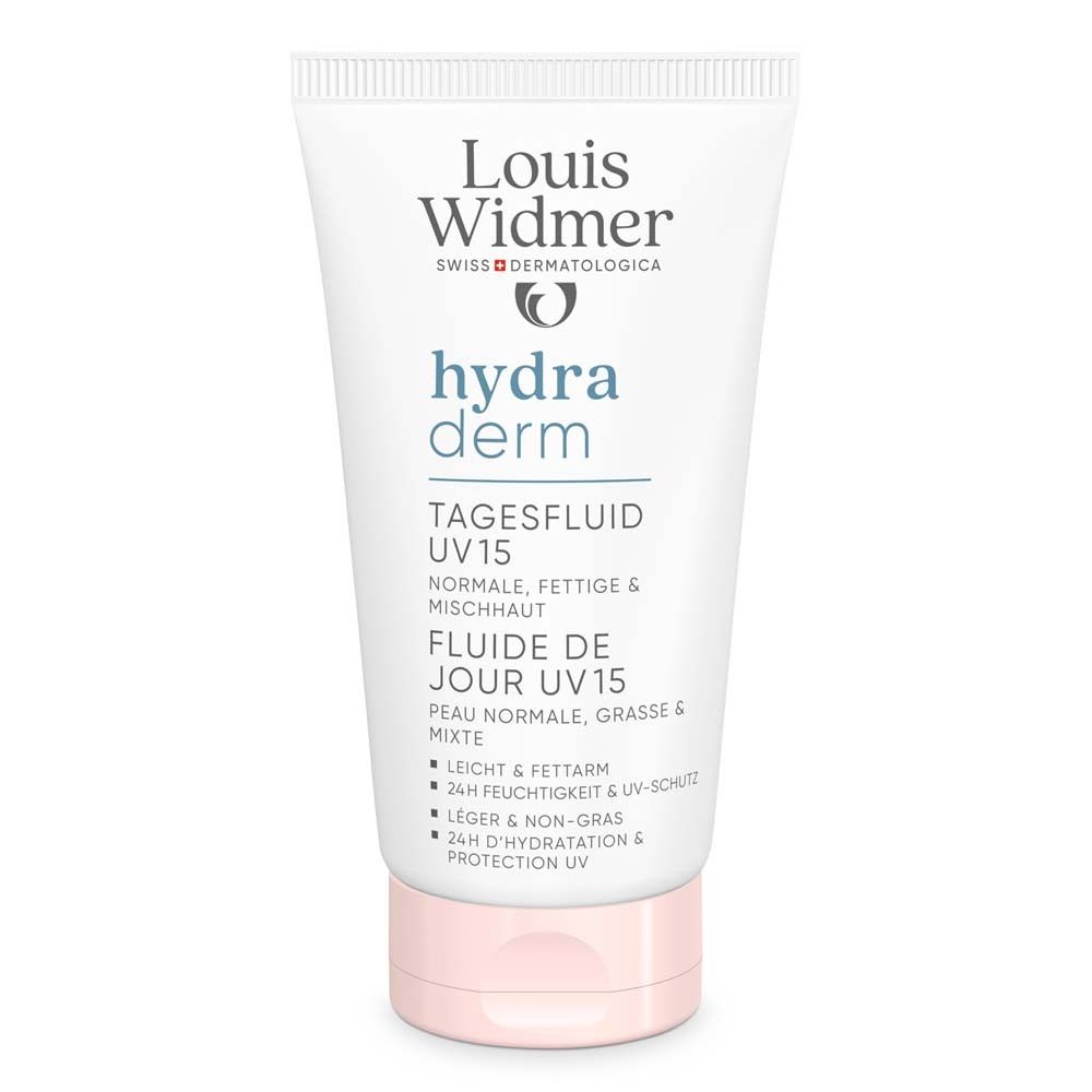 Tube blanche avec bouchon rose. Inscription: Louis Widmer hydra derm Fluide de jour UV15. Pour peaux normales, grasses et mixtes.