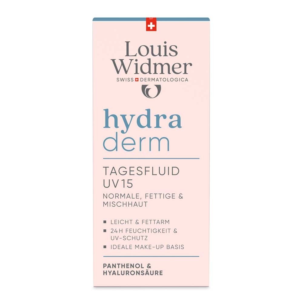 Boîte rose avec logo Louis Widmer et nom du produit hydra derm. Texte: Fluide de jour UV15, pour peaux normales, grasses et mixtes.