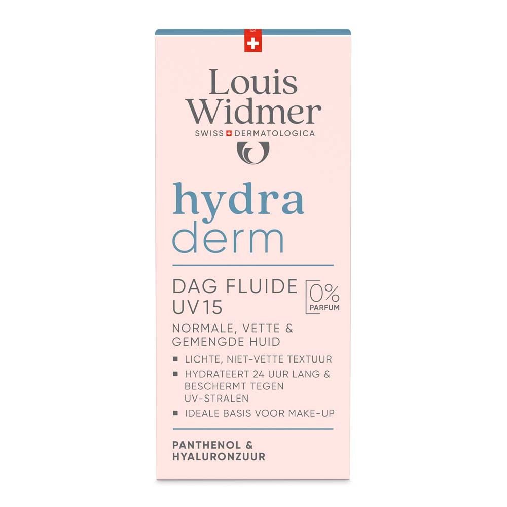 Emballage rose avec texte blanc. Inscription: Louis Widmer hydra derm Fluide de jour UV15. Pour peaux normales, grasses & mixtes.