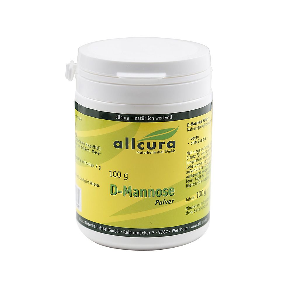 Weißer Behälter mit gelbem Etikett. Aufschrift: allcura D-Mannose Pulver, 100 g.