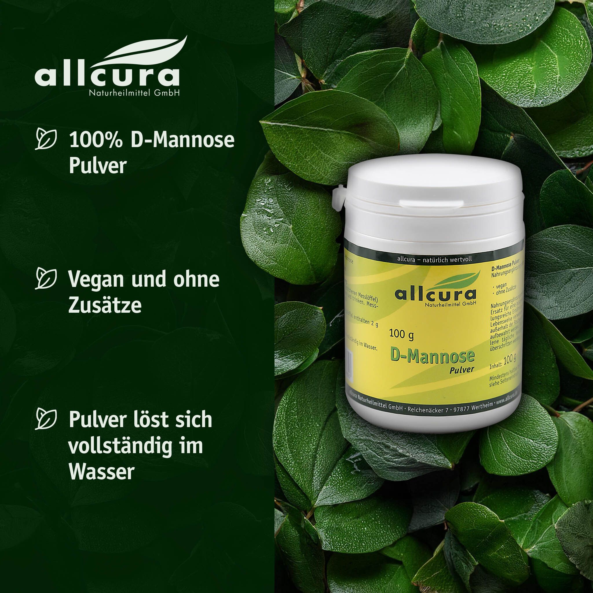 Weiße Dose mit gelbem Etikett vor grünem Hintergrund. Aufschrift: allcura D-Mannose Pulver, 100 g. Text: 100% D-Mannose.