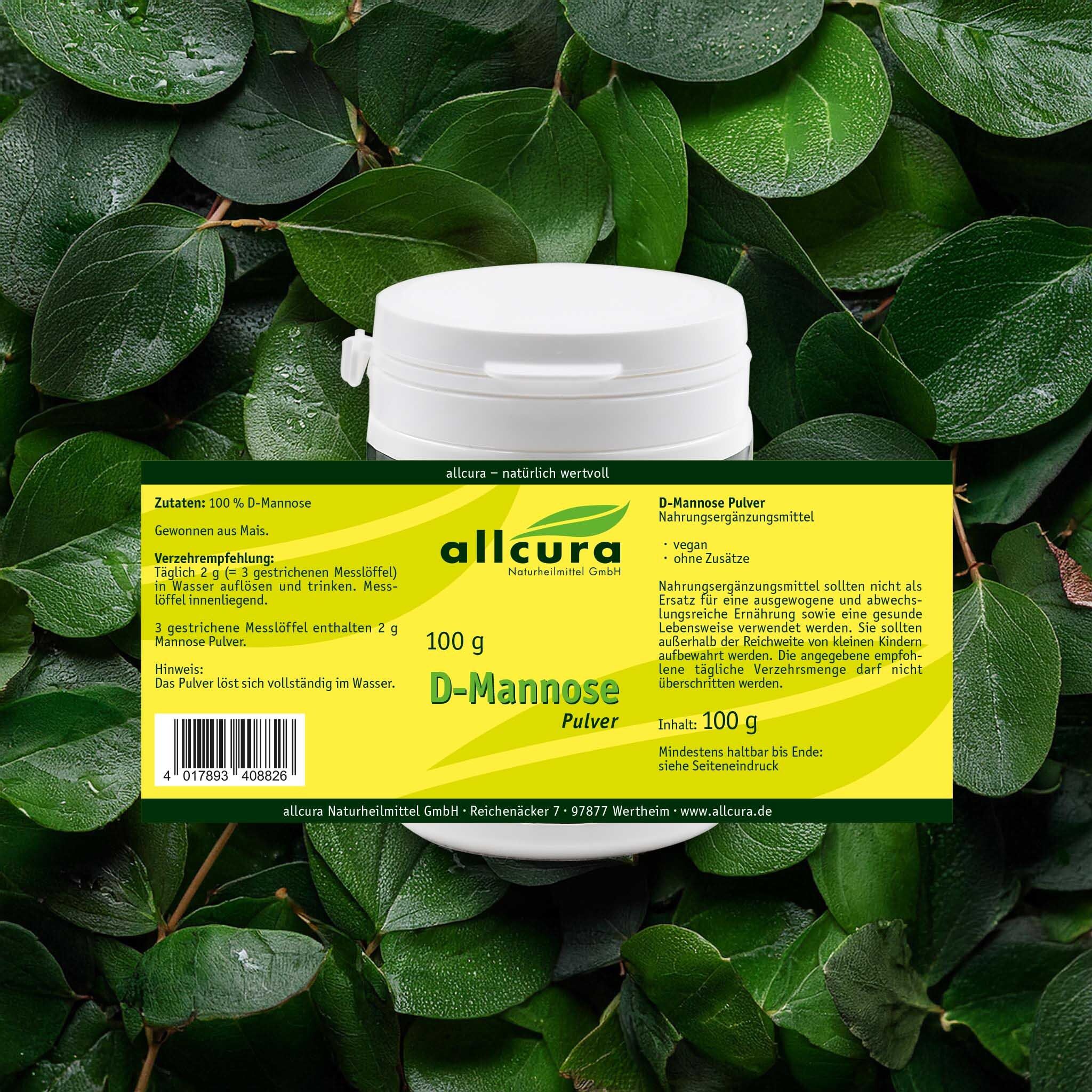 Weiße Dose mit gelbem Etikett vor grünem Blattwerk. Aufschrift: allcura D-Mannose Pulver, 100 g. Text auf Etikett.