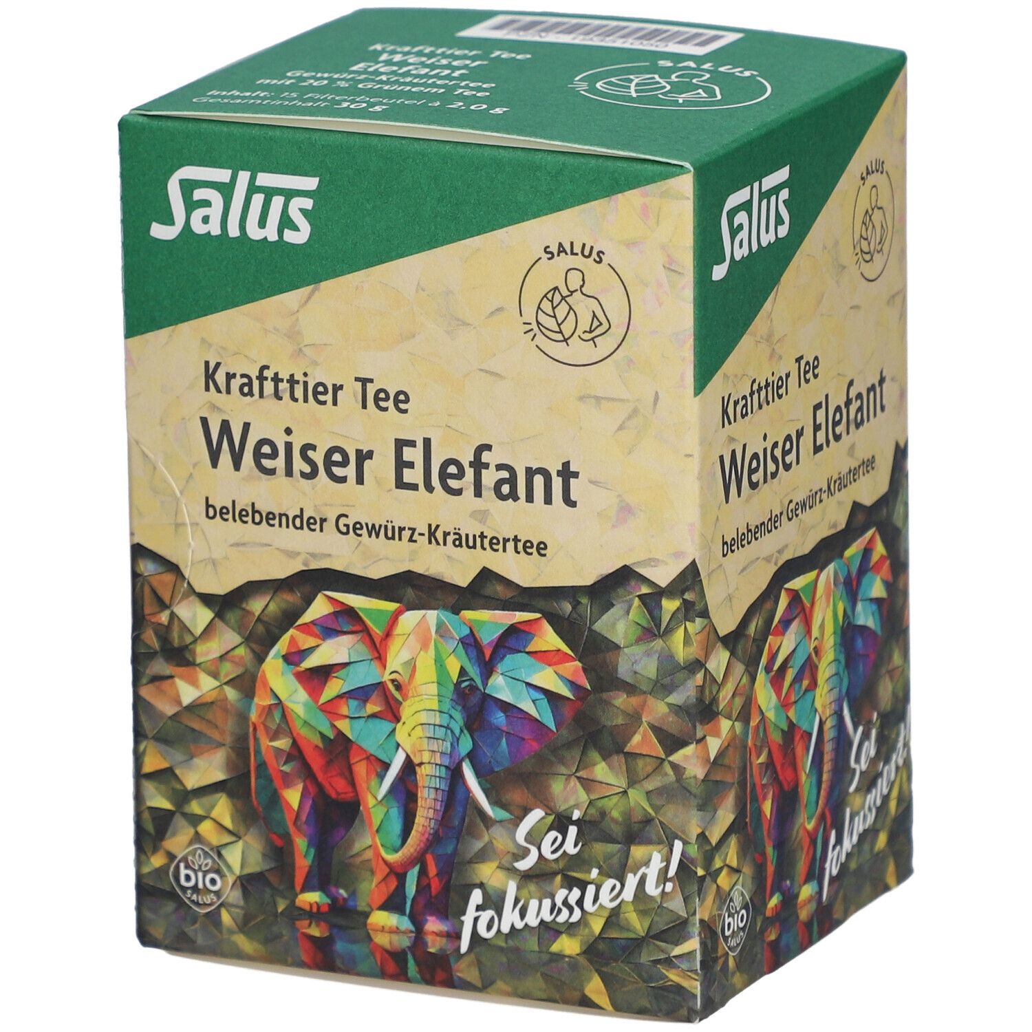 Salus Krafttier Tee Weiser Elefant. Verpackung mit Elefanten-Illustration. Bio-Siegel. Mehrere Seiten sichtbar.