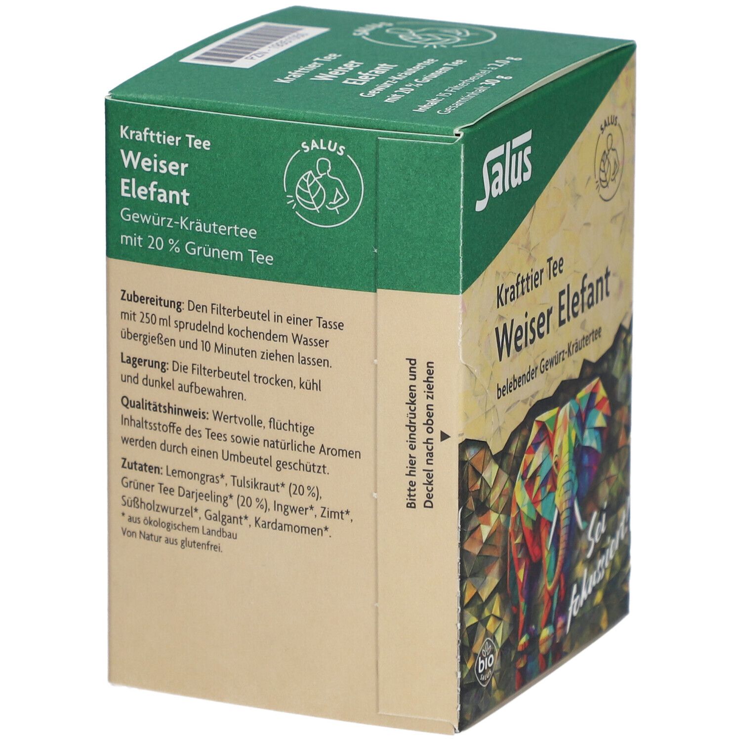 Salus Krafttier Tee Weiser Elefant. Verpackung mit Zutatenliste und Zubereitungshinweis. Bio-Siegel. Grün-braun.