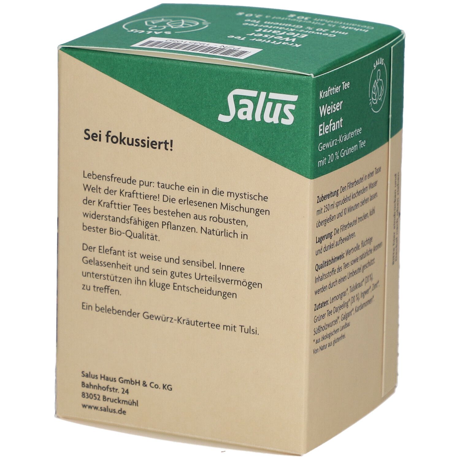 Salus Krafttier Tee Weiser Elefant. Verpackung mit Text. Bio-Siegel. Grün-braun. Text: Sei fokussiert!