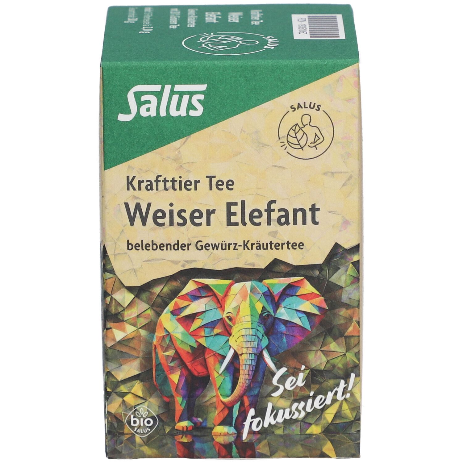 Salus Krafttier Tee Weiser Elefant. Verpackung mit Elefanten-Illustration. Bio-Siegel. Grün-braun. Text: Sei fokussiert!