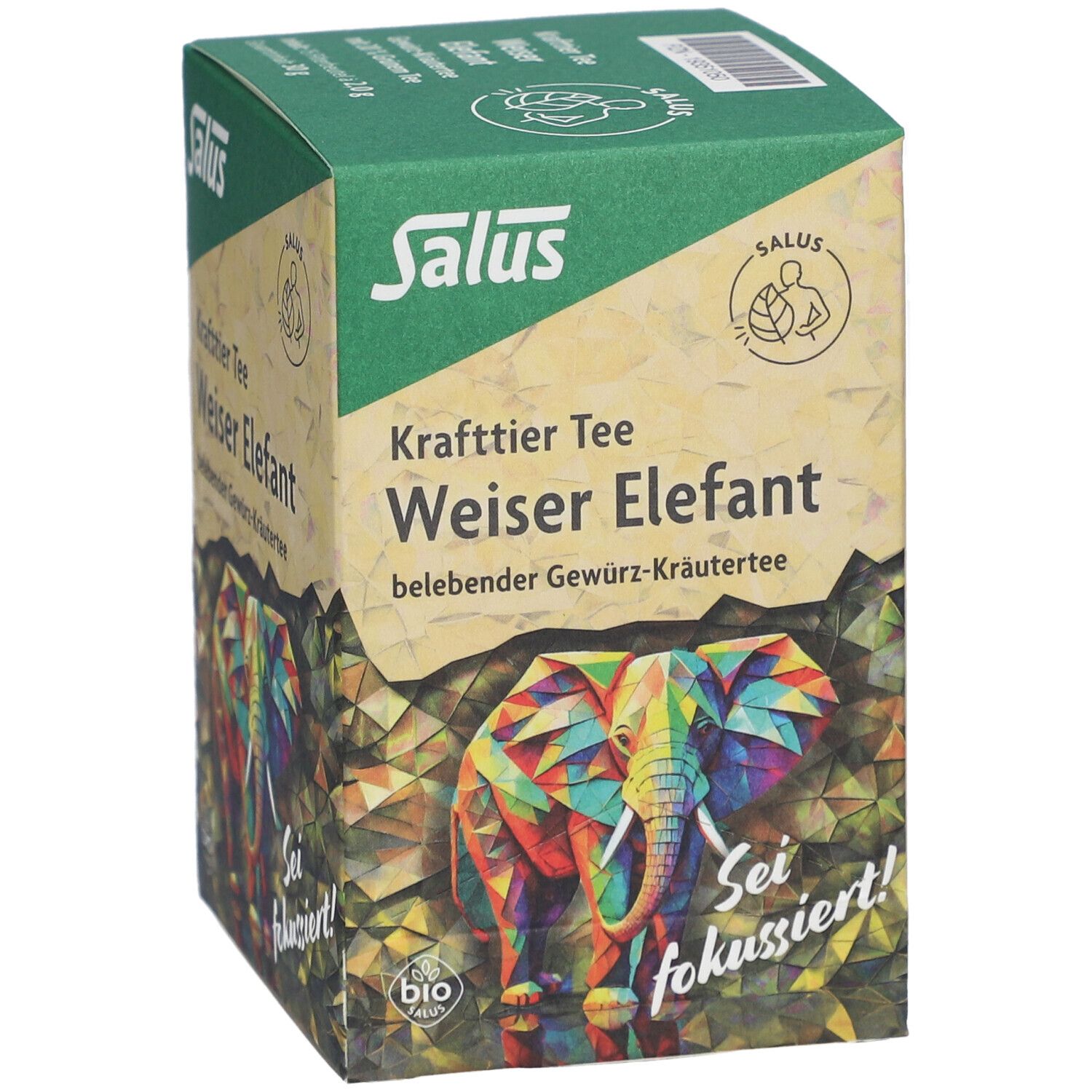 Salus Krafttier Tee Weiser Elefant. Verpackung mit Elefanten-Illustration. Bio-Siegel. Mehrere Seiten sichtbar. Text: Sei fokussiert!