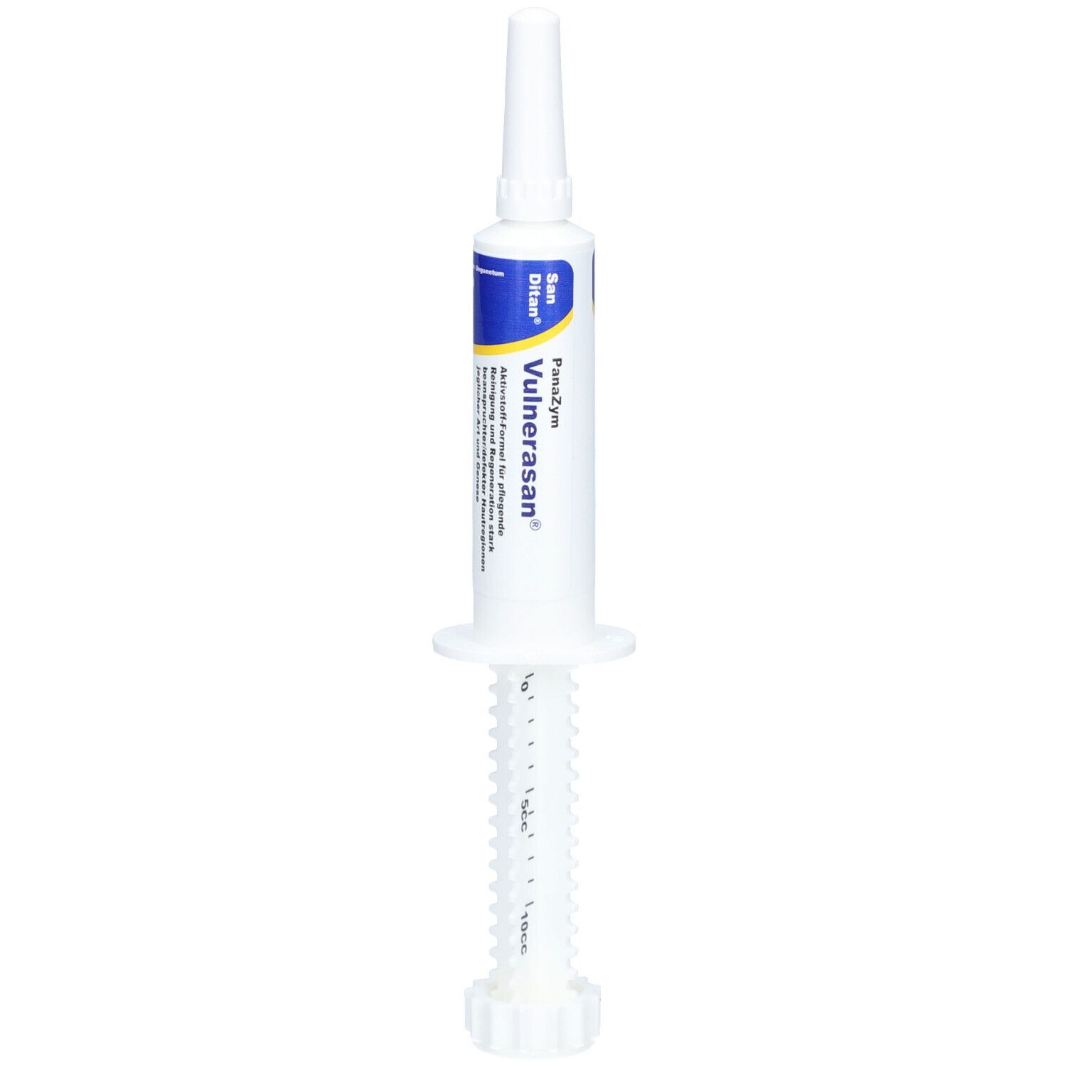 Seringue blanche avec texte bleu et jaune. Nom du produit : Panazym Vulnerasan.