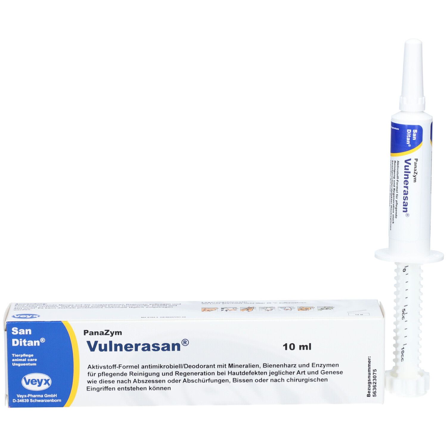 Emballage du produit et seringue. Emballage avec nom du produit : Panazym Vulnerasan. Seringue à côté.