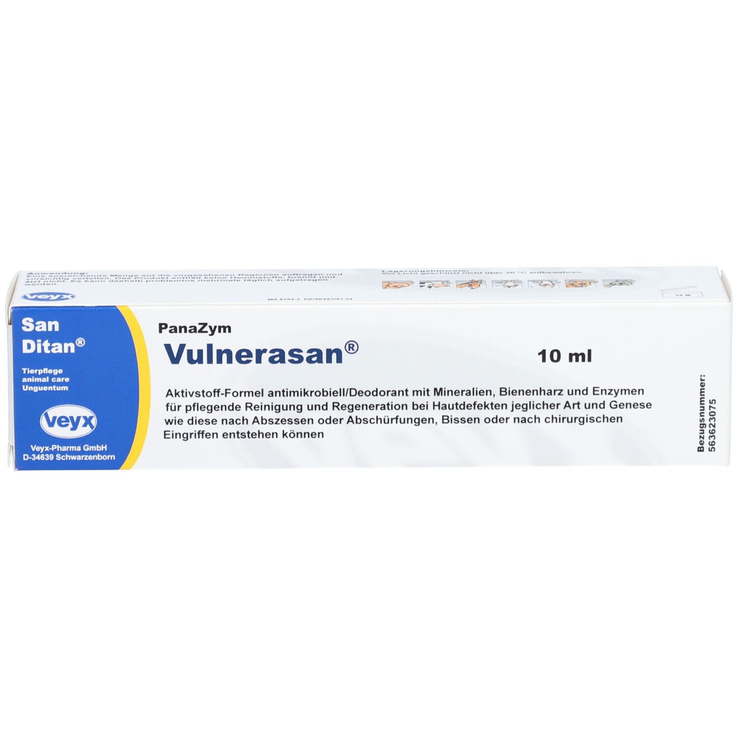 Emballage du produit avec nom du produit : Panazym Vulnerasan. Texte bleu et jaune.
