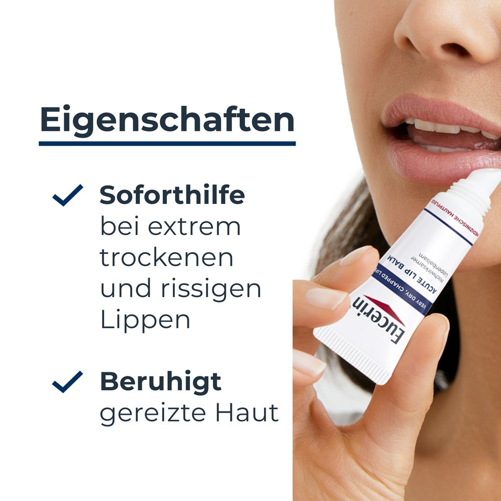 Main tenant un tube de baume à lèvres Eucerin près des lèvres