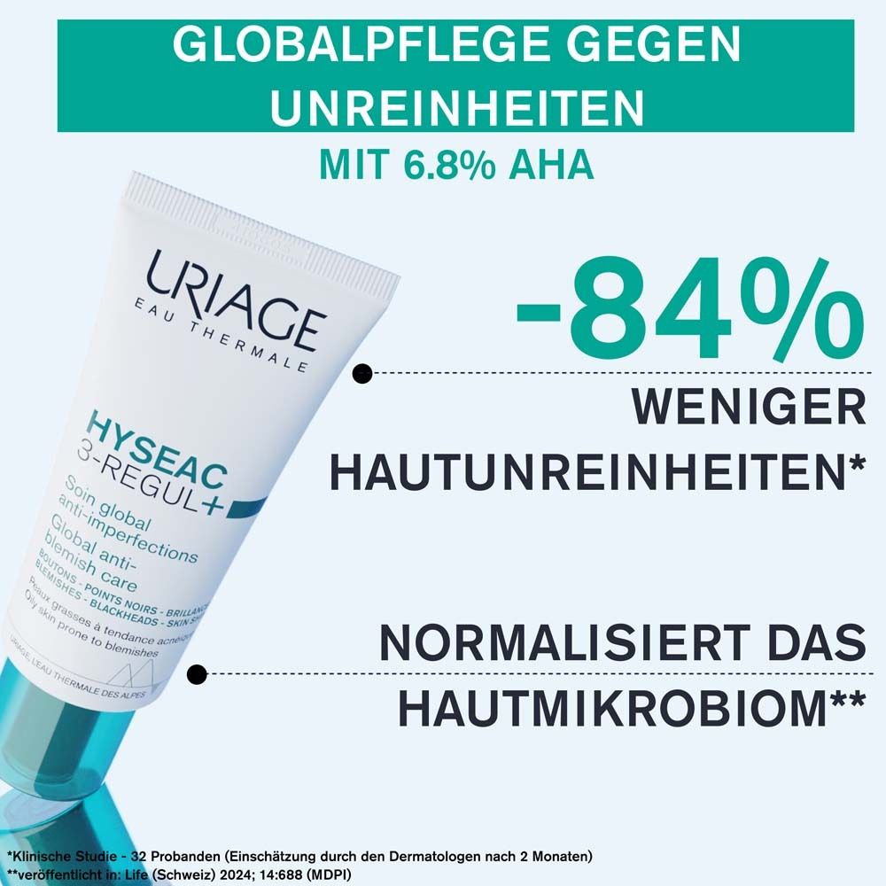 Produkt-Tube und Text. Text: Globalpflege gegen Unreinheiten, -84% weniger Hautunreinheiten, normalisiert das Hautmikrobiom.