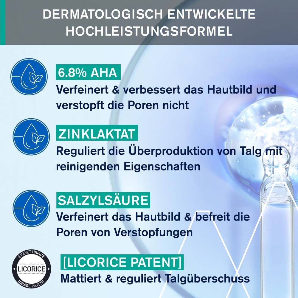 Text: Dermatologisch entwickelte Hochleistungsformel. 6.8% AHA, Zinklaktat, Salizylsäure, [Licorice Patent].