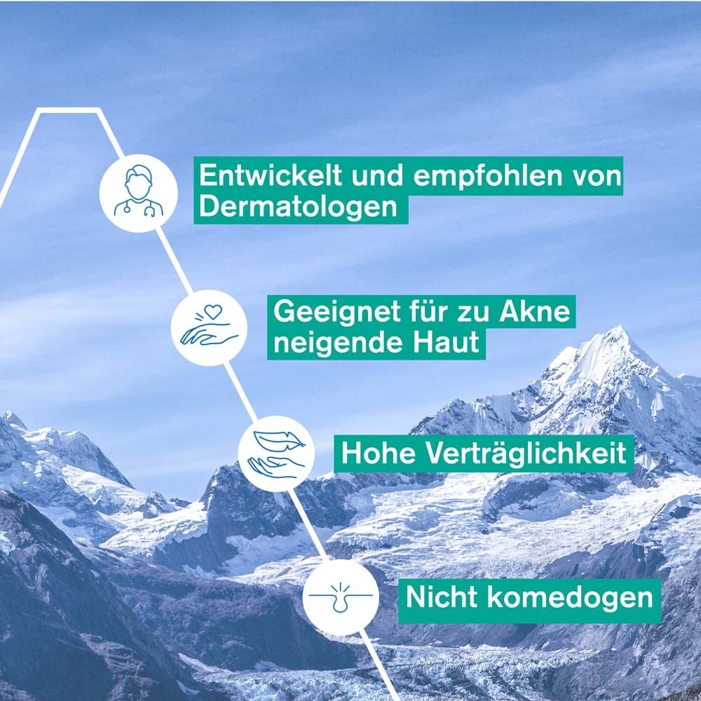 Text: Entwickelt und empfohlen von Dermatologen. Geeignet für Akne-Haut. Hohe Verträglichkeit. Nicht komedogen.