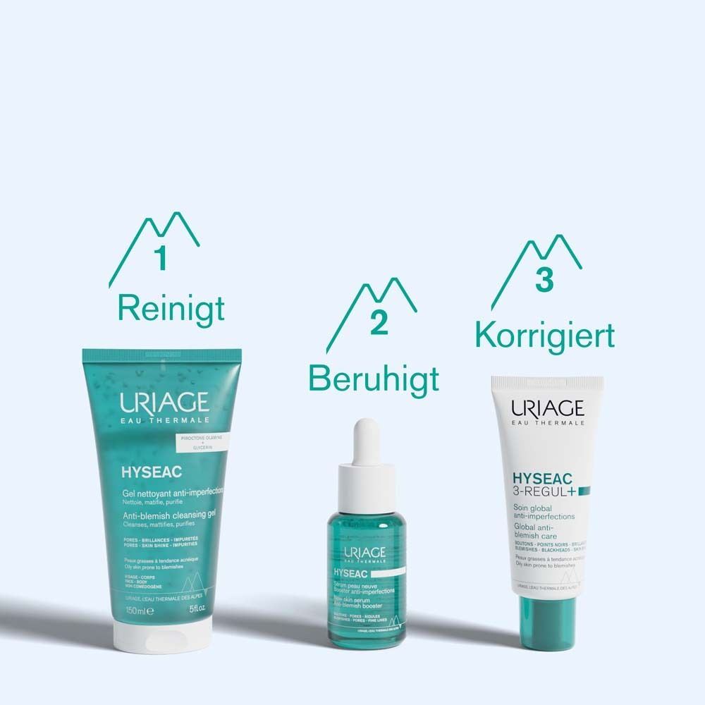 Drei Produkte. 1. Reinigt. 2. Beruhigt. 3. Korrigiert. Uriage Hyseac Produkte.