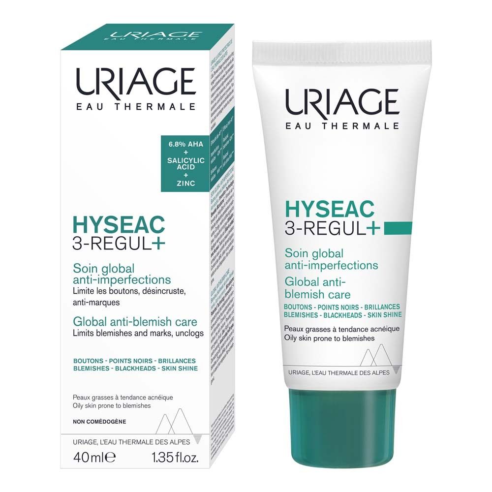 Produkt-Tube und Verpackung. Text: Uriage Hyseac 3-Regul+. 40ml, 1.35 fl.oz. 6.8% AHA, Salicylsäure, Zink.