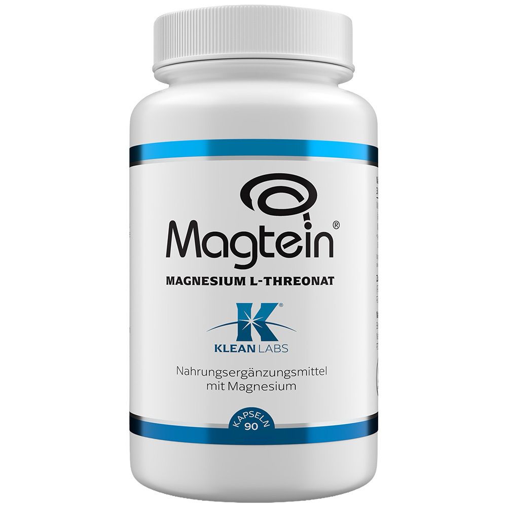Flacon blanc de gélules avec étiquette bleue : Magtein L-Thréonate de Magnésium par Klean Labs, 90 gélules.