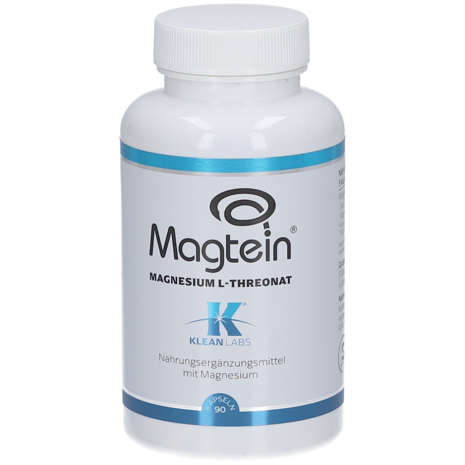 Flacon blanc avec bande bleue. Inscription Magtein, Magnésium L-Thréonate. Logo Klean Labs. 90 gélules.