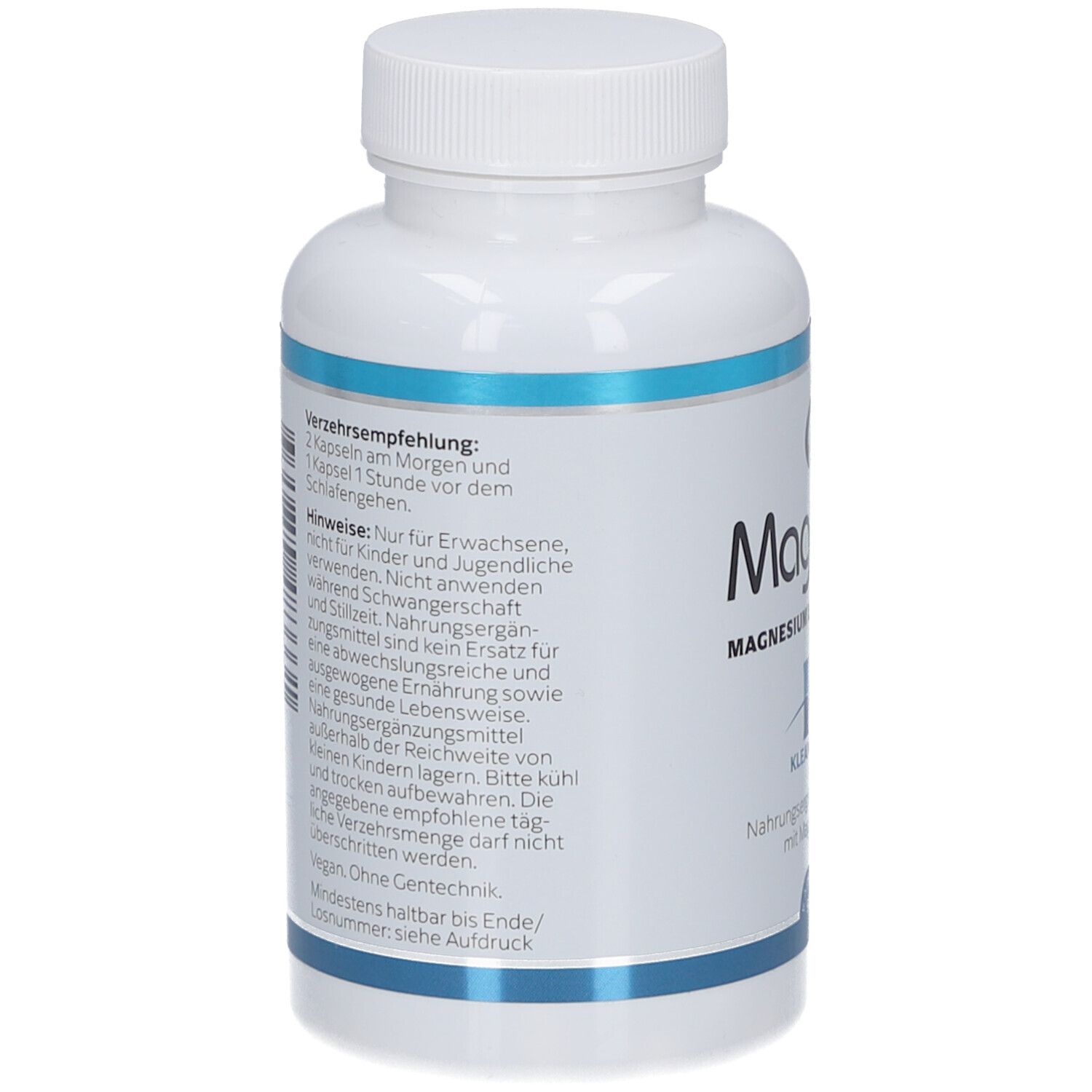 Dos du flacon blanc avec texte bleu. Contient recommandations et avertissements. Vegan. Date de péremption.