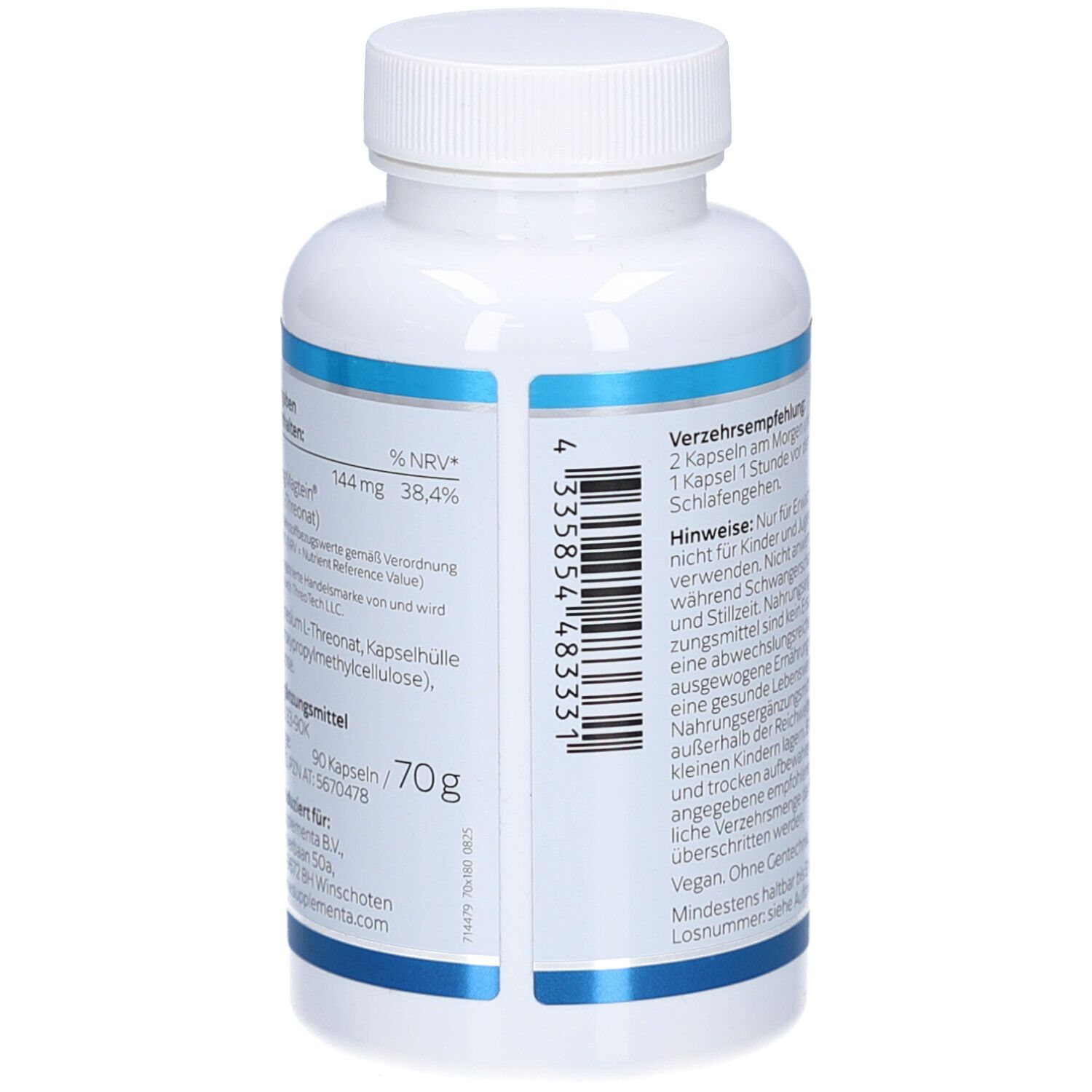 Dos du flacon blanc avec texte bleu. Informations nutritionnelles, ingrédients, informations fabricant. 70g.