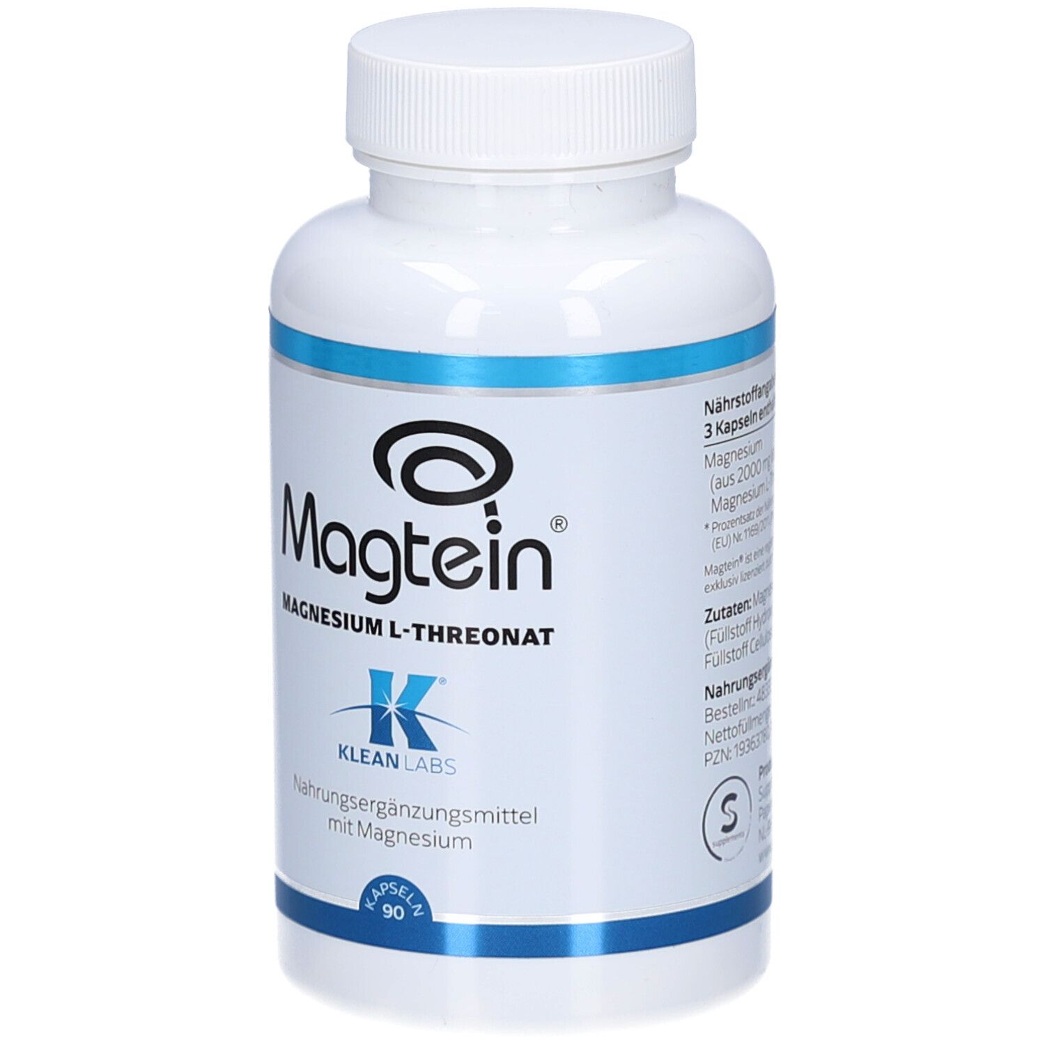 Flacon blanc avec bande bleue. Inscription Magtein, Magnésium L-Thréonate. Logo Klean Labs. 90 gélules.