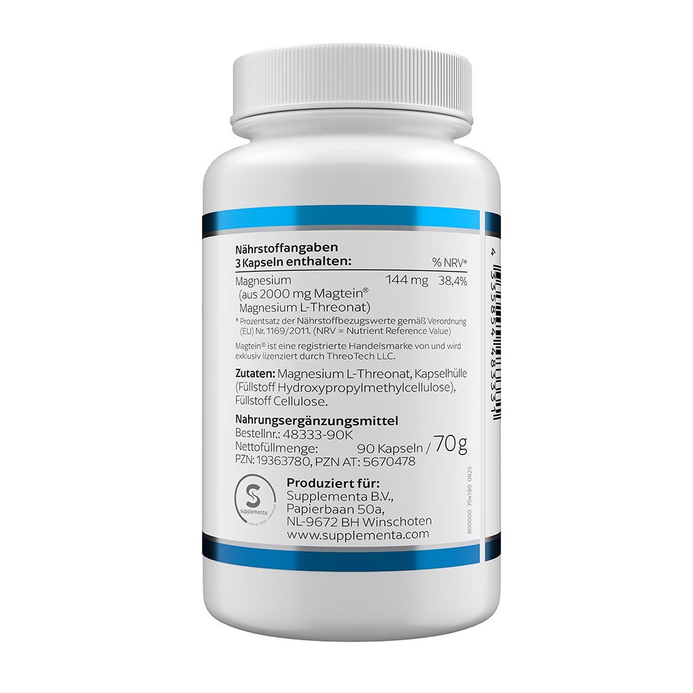 Flacon blanc de gélules avec étiquette bleue : Magtein L-Thréonate de Magnésium par Klean Labs, 90 gélules.