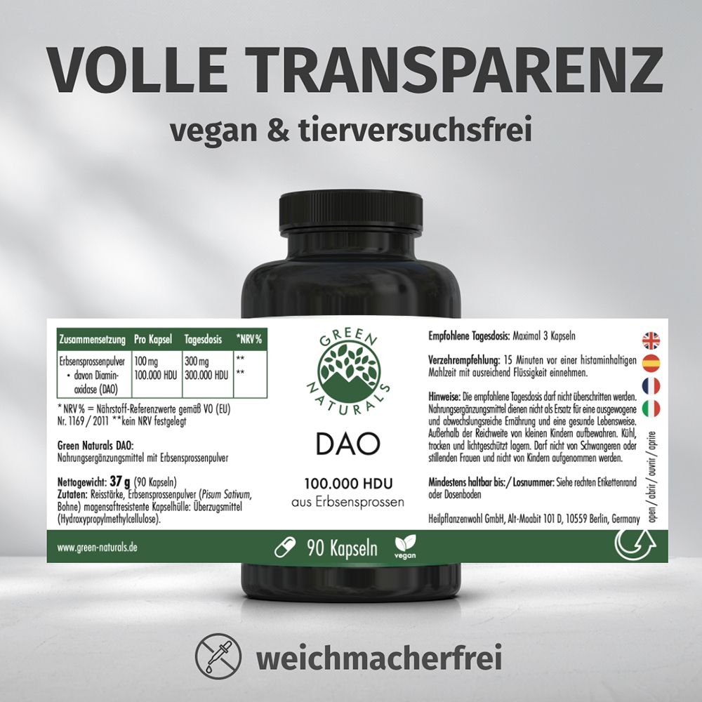 Flacon GREEN NATURALS DAO avec étiquette indiquant végétalien et sans cruauté.