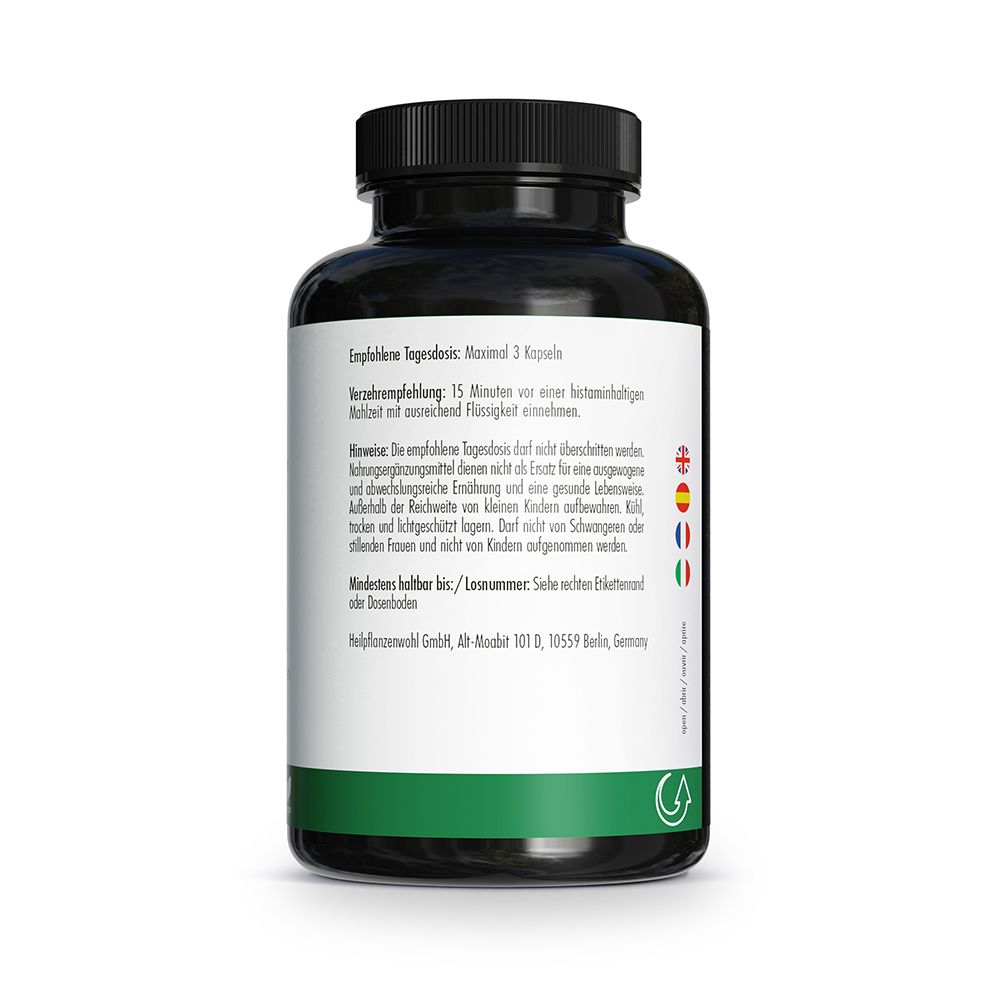 Dos du flacon GREEN NATURALS DAO avec informations nutritionnelles et sceaux.