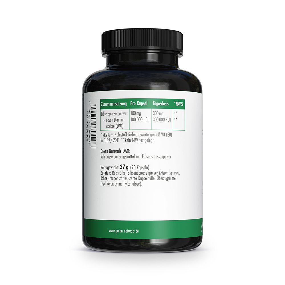 Dos du flacon GREEN NATURALS DAO avec informations nutritionnelles et sceaux.