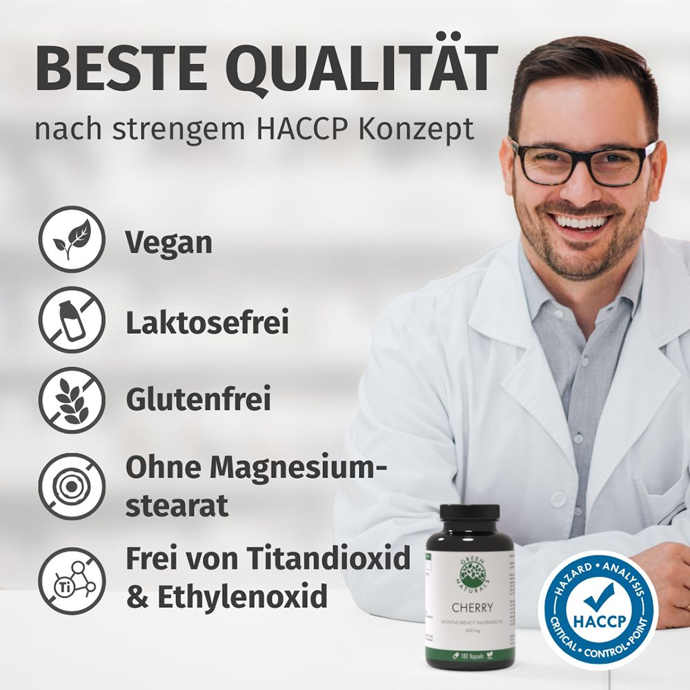 Mann im Laborkittel neben einer Flasche GREEN NATURALS Kirschkapseln, mit Icons für vegan, laktosefrei, glutenfrei.