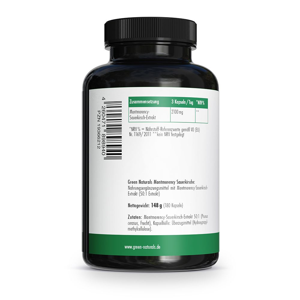 Rückseite einer Flasche GREEN NATURALS Sauerkirschkapseln mit Nährwertangaben und PZN-Nummer.