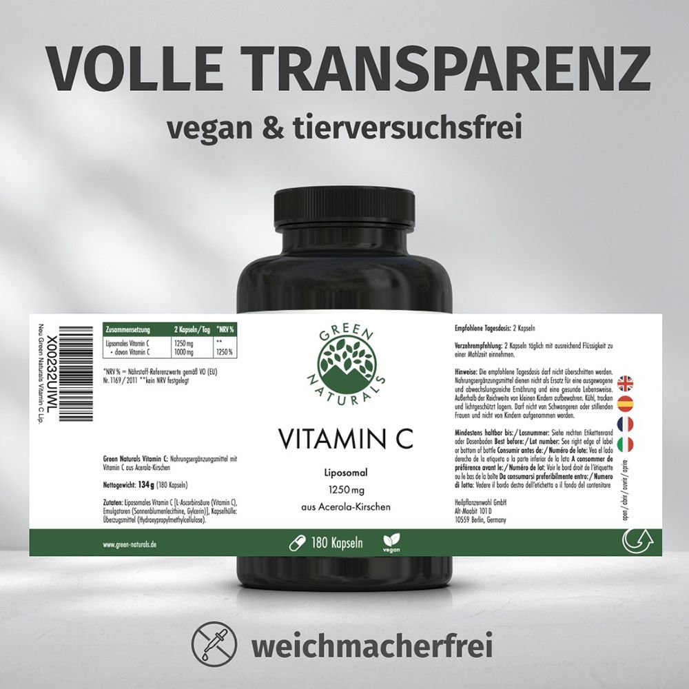 Dose Vitamin C mit Etikett: 180 Kapseln, vegan, liposomal, 1250 mg, aus Acerola-Kirschen.