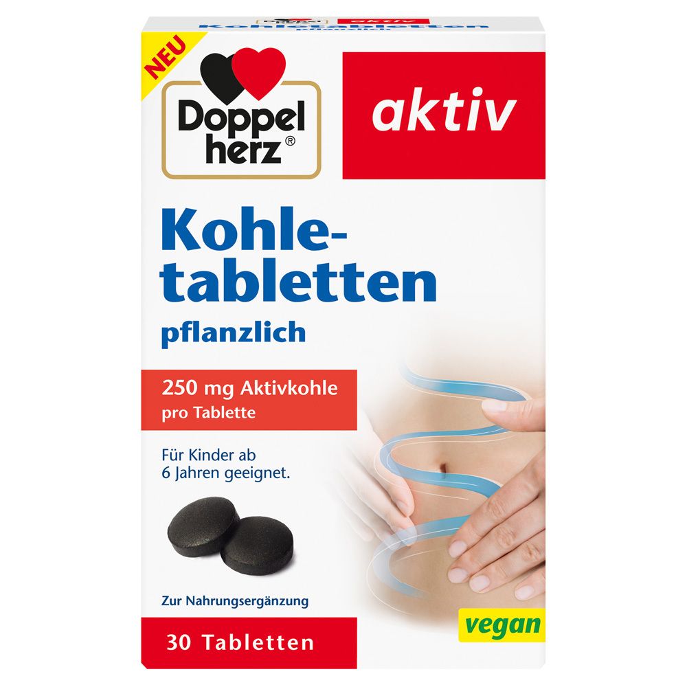 Schachtel mit Doppelherz Kohletabletten. Enthält 30 Tabletten. Vegan. Für Kinder ab 6 Jahren geeignet. 250 mg Aktivkohle pro Tablette.