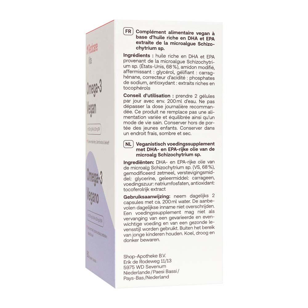 Dos de la boîte Redcare Omega-3 Vegan, texte multilingue.