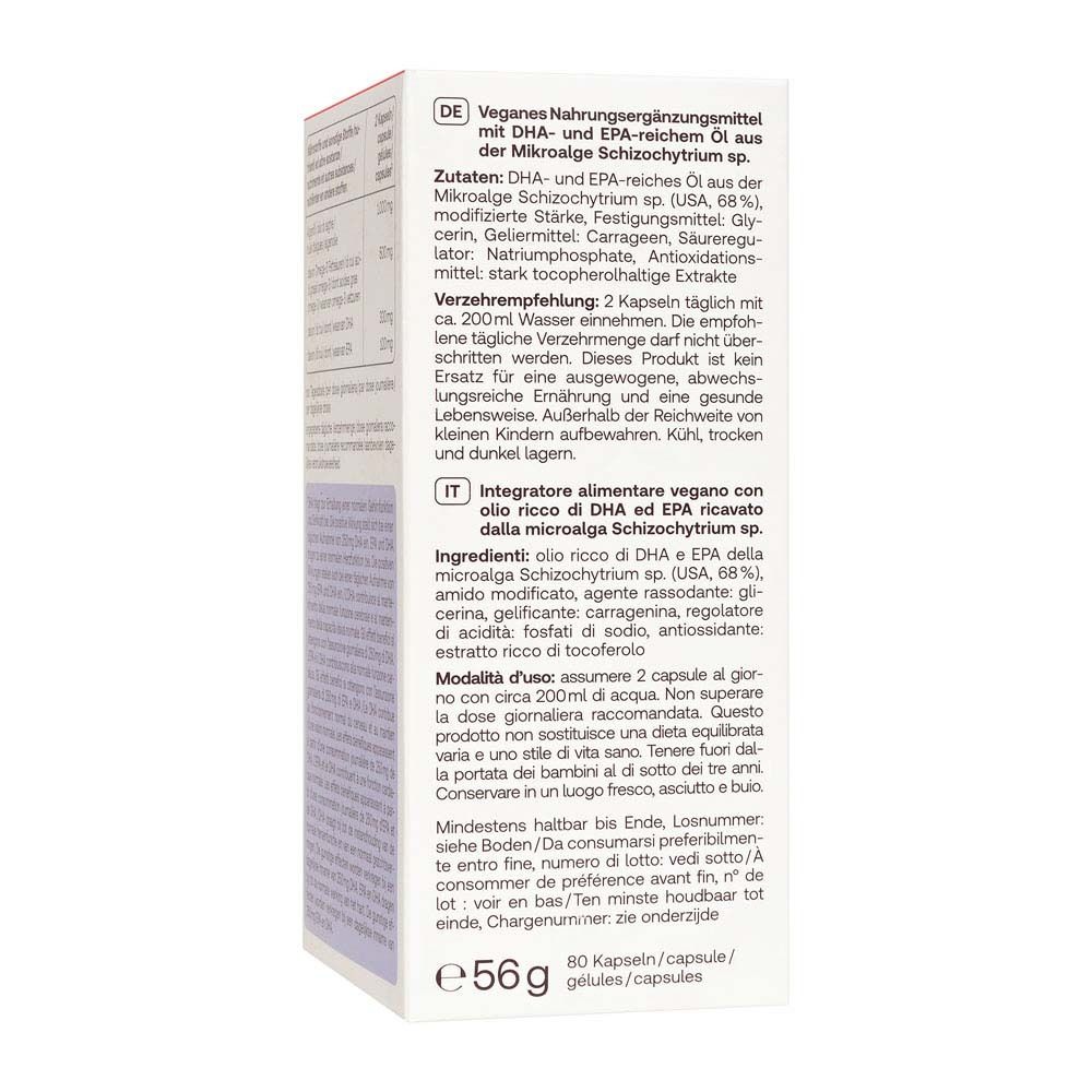 Dos de la boîte Redcare Omega-3 Vegan, ingrédients et mode d'emploi.