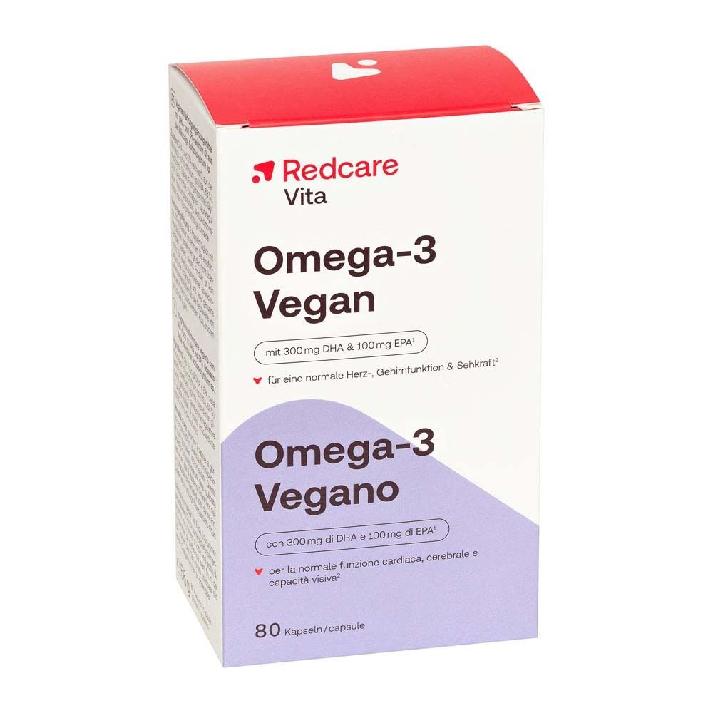 Boîte Redcare Omega-3 Vegan. Contient 80 gélules.