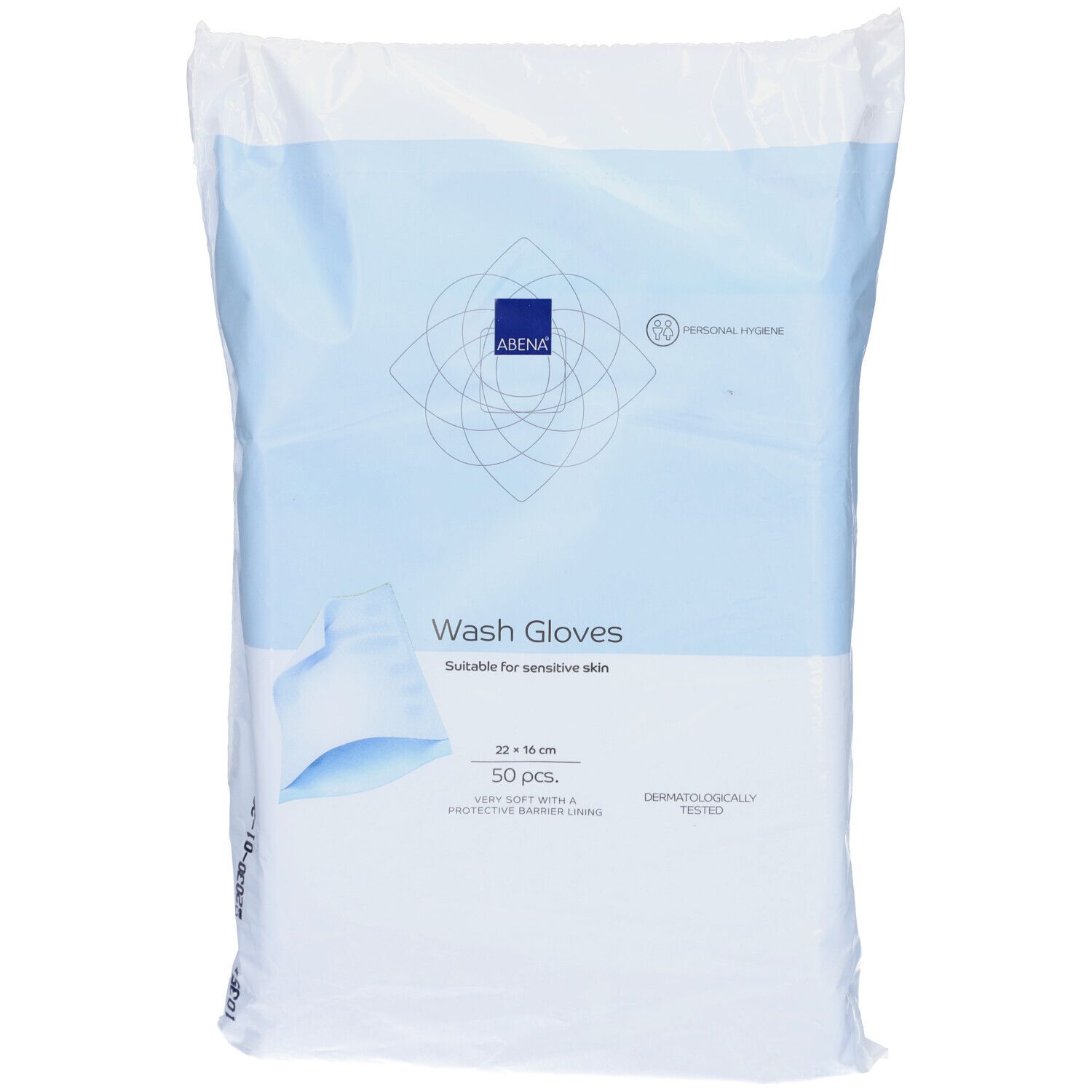 Paquet de gants de toilette. Marque Abena, 22 x 16 cm, 50 pièces. Pour peaux sensibles. Testé dermatologiquement.
