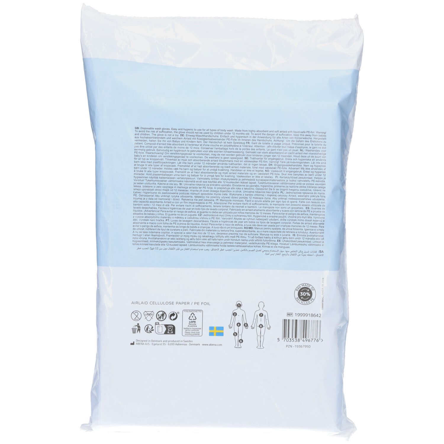 Dos du paquet de gants de toilette. Texte, pictogrammes, symbole de recyclage, label de qualité suédois. Abena.