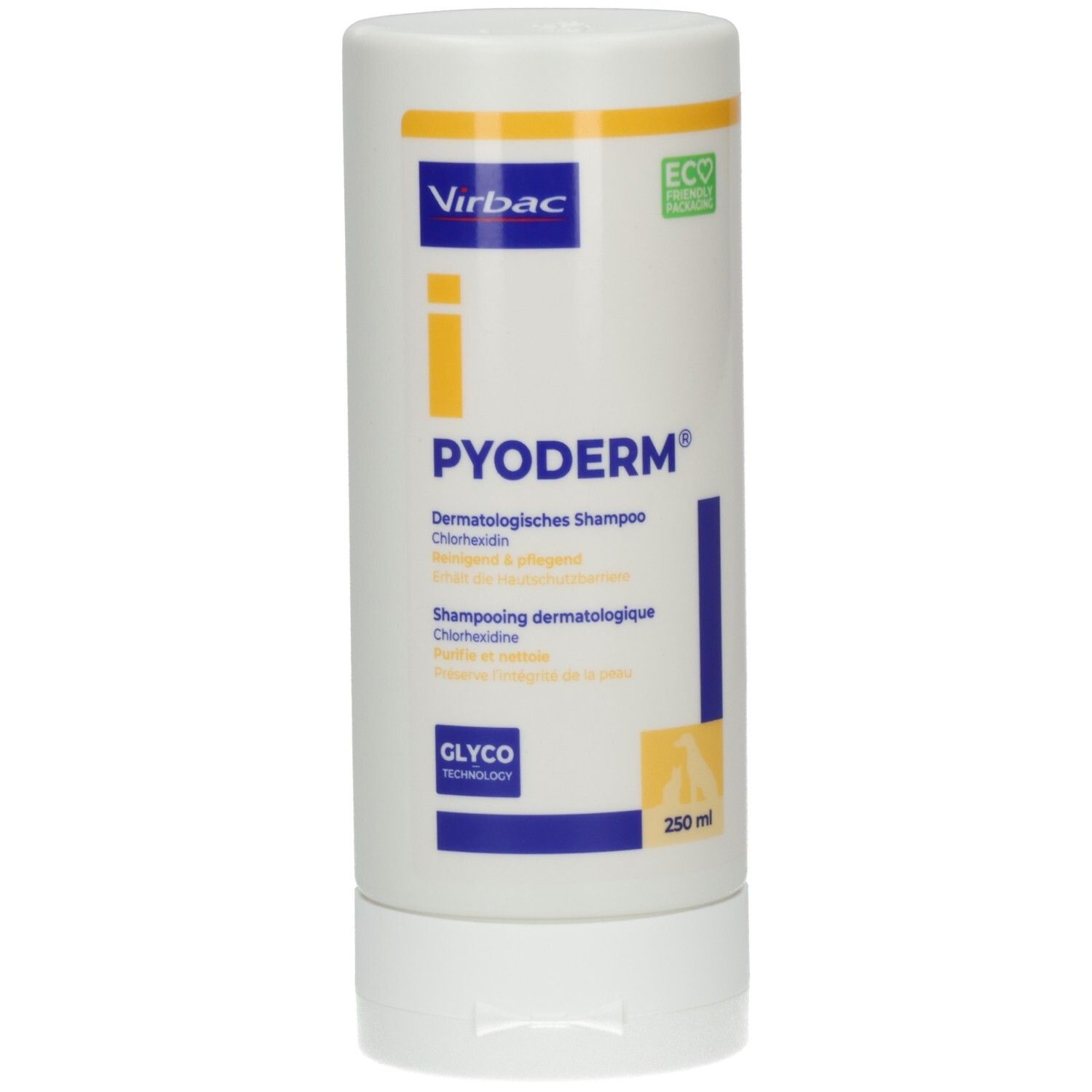 Weiße Flasche mit gelben und blauen Akzenten. Aufschrift: PYODERM, Dermatologisches Shampoo. Marke: Virbac. 250 ml.