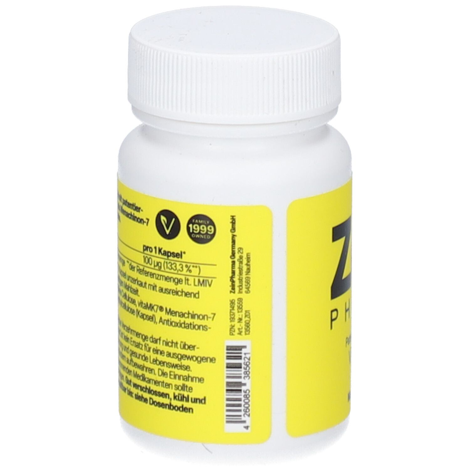 Flacon blanc avec étiquette jaune. Inscription: Zein Pharma. Dos avec informations et certification.