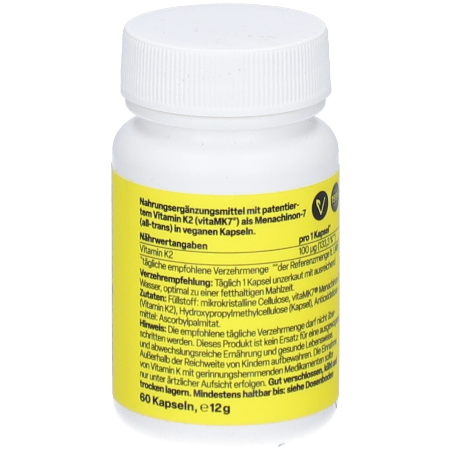 Flacon blanc avec étiquette jaune. Inscription: Zein Pharma. Contient 60 gélules, 12g.